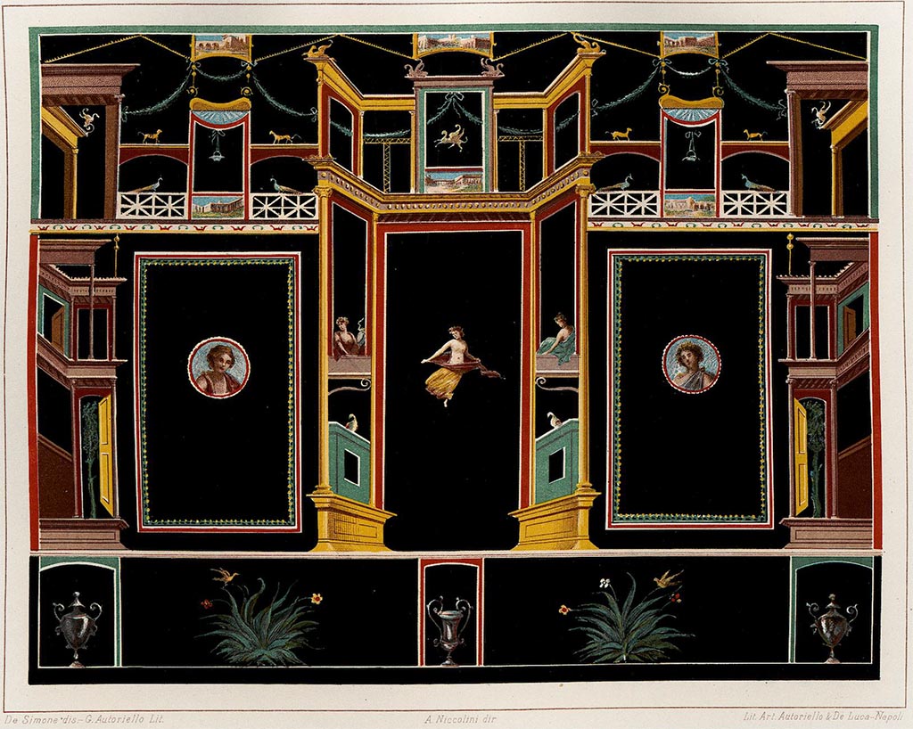 V.2.i Pompeii. Room 17, detail of painted decoration of a wall with black background. 
See Niccolini, F., 1896. Le Case ed i Monumenti di Pompei Book 4, (Nuovi Scavi, Tav. XVIII).

