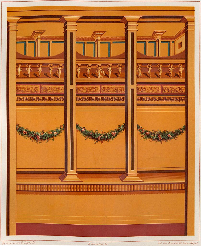 V.2.i Pompeii. Room 19, detail of painted wall in exedra.
See Niccolini, F., 1896. Le Case ed i Monumenti di Pompei Book 4, (Nuovi Scavi, Tav. XIII).
