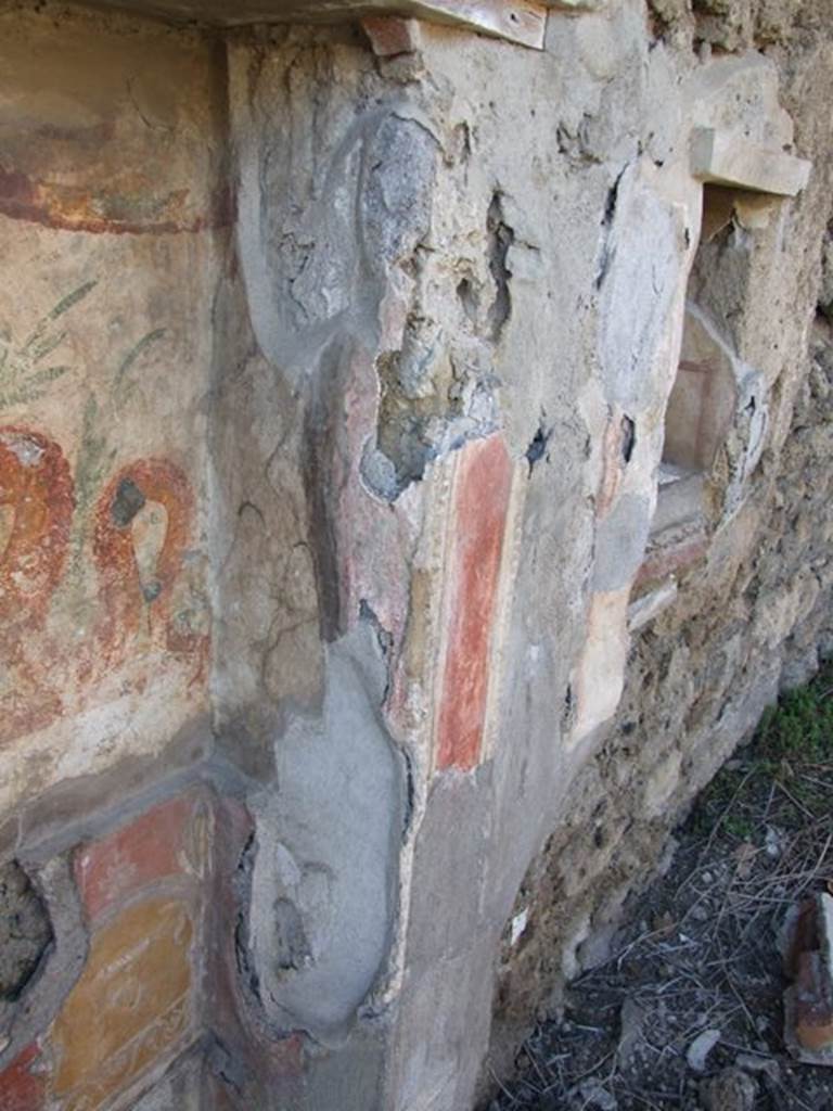 V.3.7 Pompeii. March 2009. West wall of garden area. North side of aedicula lararium and second niche nearby.
