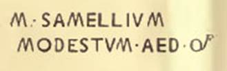 V.3.12 Pompeii. A second tabella ansata was found in December 1902 on the right of the entrance doorway. Painted in red letters on this was the epigraph
M. SAMELLIVM MODESTVM AED. O. V. F.
According to Epigraphik-Datenbank Clauss/Slaby (See www.manfredclauss.de) these were
CIL IV 6618 and CIL IV 6619
M(arcum) Samellium
Modestum aed(ilem) o(ro) v(os) f(aciatis).