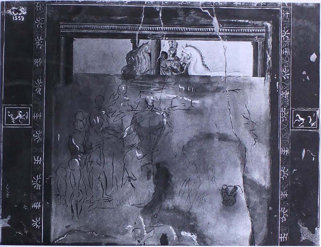 V.3.12 Pompeii. Old watercolour copy of painting from east wall of east portico between doorways to room 3 and entrance corridor 1.
According to PPM the painting may represent the arrival of Pelope (Pelops) at Pisa to the court of Enomao (Oenomaus) to ask for the hand of Hippodamia.
The upper painted part depicts a charioteer with three horses within a portico. but the lower sketched part is unfinished and shows a figure on a throne with two people to the left.
See Carratelli, G. P., 1990-2003. Pompei: Pitture e Mosaici: Vol. III. Roma: Istituto della enciclopedia italiana, p. 963.