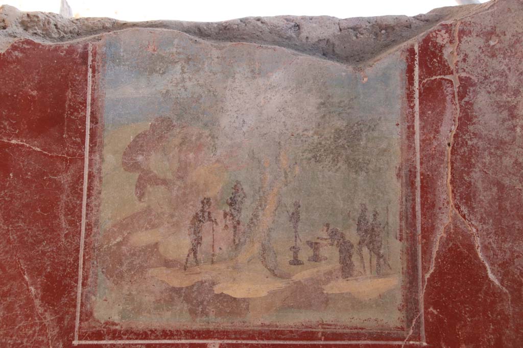 V.3 Pompeii. Casa del Giardino.
Room 1, central painting of sacred landscape from south wall showing worshippers at a rural sanctuary. Photo courtesy of Klaus Heese.
.