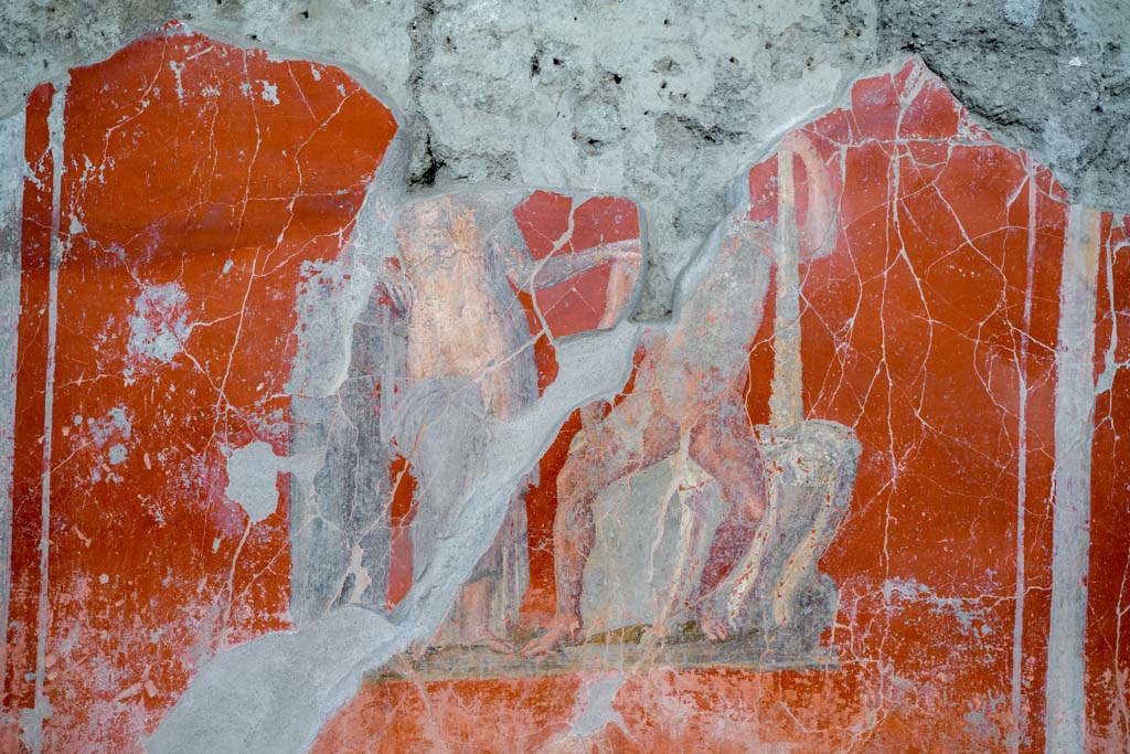 V.3 Pompeii. Casa del Giardino. October 2021.
Room 3, detail of central painting on west wall of triclinium showing Hercules. Photo courtesy of Johannes Eber.