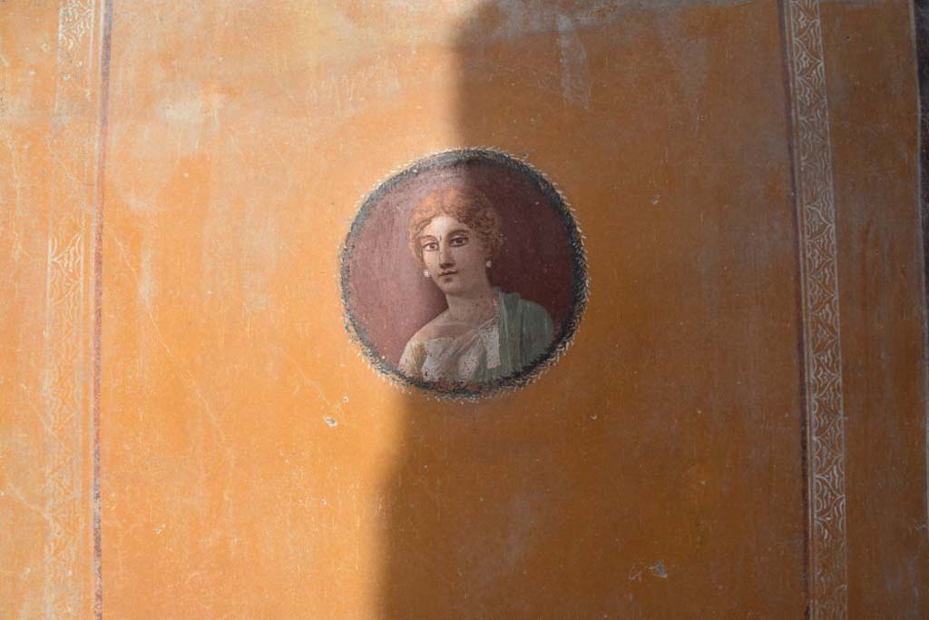 V.3 Pompeii. Casa del Giardino. October 2018. Ambiente 3, north wall, east end. A very refined female portrait, perhaps, according to PAP, depicting the mistress of the house.
Ambiente 3, parete nord, estremità est. Un ritratto femminile molto raffinato, forse, secondo PAP, raffigurante la domina della casa.
Photograph © Parco Archeologico di Pompei.