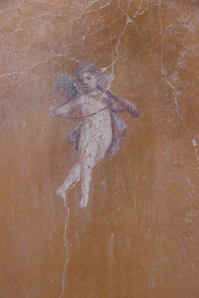 V.3 Pompeii. Casa del Giardino. September 2021.
Room 3, east wall, north (left) end, painting of a cupid. Photo courtesy of Klaus Heese.