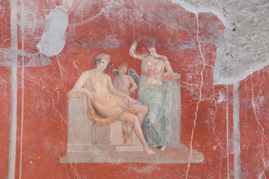 V.3 Pompeii. Casa del Giardino. October 2018. Ambiente 3, east wall. Painting of Venus with a male figure (perhaps Adonis or Paris) and with Eros.
Dipinti di Venere con una figura maschile (forse Adone o Paride) e con Eros.
Photograph © Parco Archeologico di Pompei.
