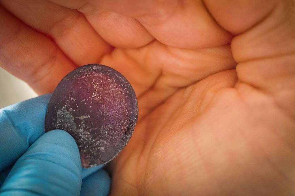 V.3 Pompeii. Casa del Giardino. August 2019. Amulet engraved with a head.

Amuleto inciso con una testa.

Photograph © Cesare Abbate/ANSA courtesy Parco Archeologico di Pompei.
