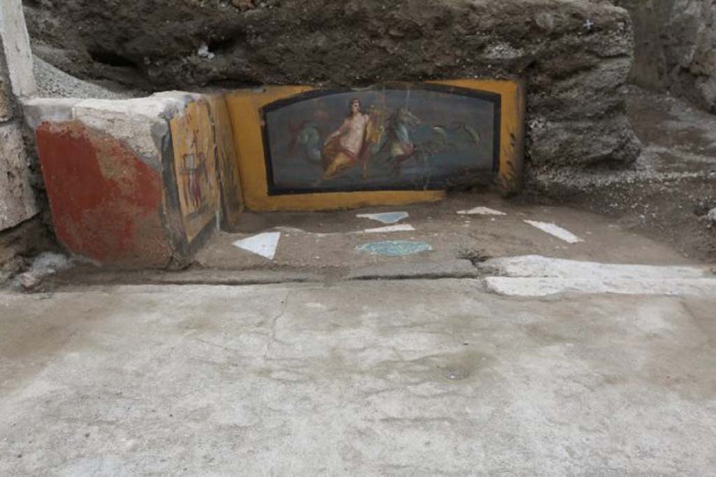 V.3 Pompeii. March 2019. Thermopolium at the crossroads between Vicolo delle Nozze d’Argento and Vicolo dei Balconi. 
Two-sided counter after excavation. Large pieces of coloured stone are inserted into the floor.

V.3 Pompei. Marzo 2019. Termopolio all'incrocio tra il Vicolo delle Nozze d'Argento e il Vicolo dei Balconi.
Bancone a due lati dopo lo scavo. Grandi pezzi di pietra colorata sono inseriti nel pavimento.

Photograph © of Parco Archeologico di Pompei.
