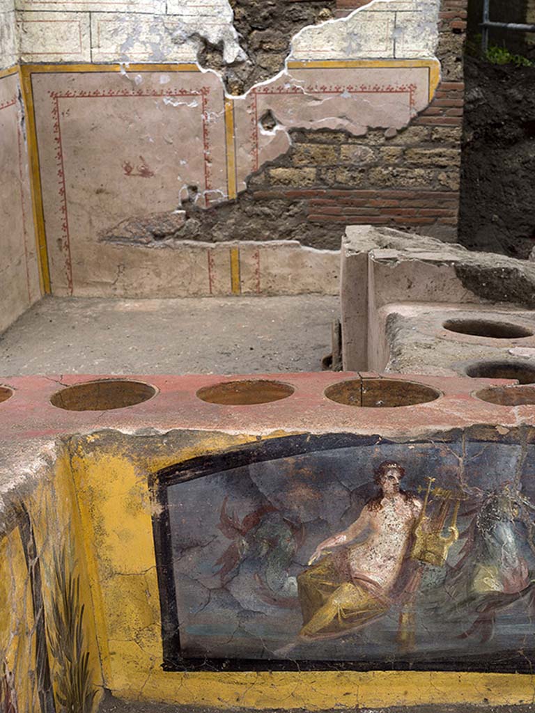 V.3 Pompeii, Thermopolium with painting of nereid. December 2020. Wall behind the counter decorated with panels bordered in yellow with still life in the centre.

V.3 Pompei, Termopolio con dipinto di nereide e anfore. Dicembre 2020. Parete dietro il bancone decorata con pannelli delimitati in giallo con natura morta al centro.

Photo by Luigi Spina courtesy of Parco Archeologico di Pompei.

