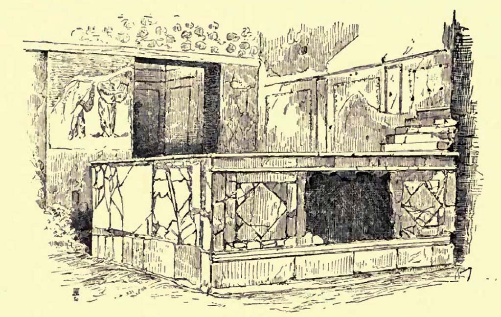 V.4.7 Pompeii. c.1900. Drawing by Pierre Gusman with the painting of Bacchus and Silenus painting in situ, on left.
See Gusman P., 1900. Pompeii: The City, Its Life & Art. London: Heinemann, p. 224.

