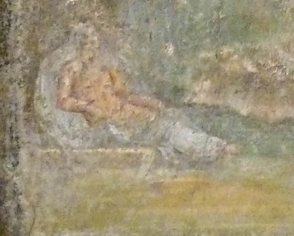 V.4.13 Pompeii. Detail of wall painting. Bottom left corner. The river god Tiberinus personified. Tiberinus found the twins and gave them to a she-wolf to suckle. He later rescued and married Rhea Silvia, the mother of the twins and a Vestal Virgin who had been sentenced to death.