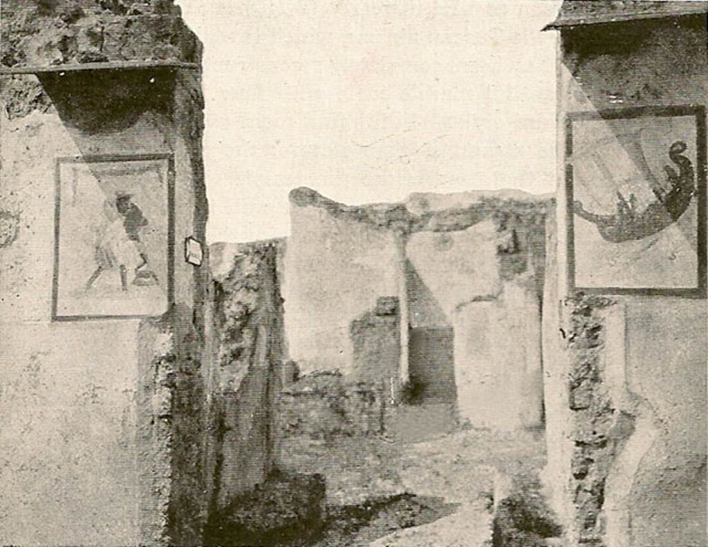 V.4.13 Pompeii. Old undated photograph. Paintings on entrance pillars.
A painting of Mercury was found on the left entrance pillar.
A painting of a ship in full sail was on the right entrance pillar.