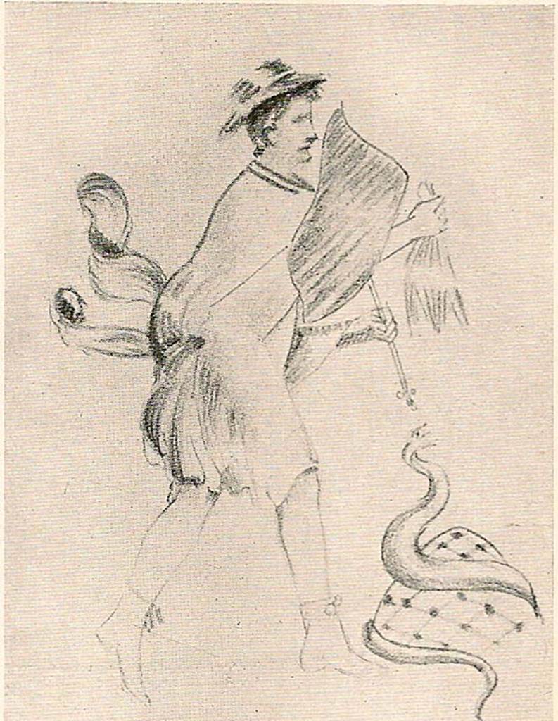 V.4.13 Pompeii. Found on the left entrance pillar.
Sketch of painting of Mercury, with serpent coiling around an omphalos at his feet.