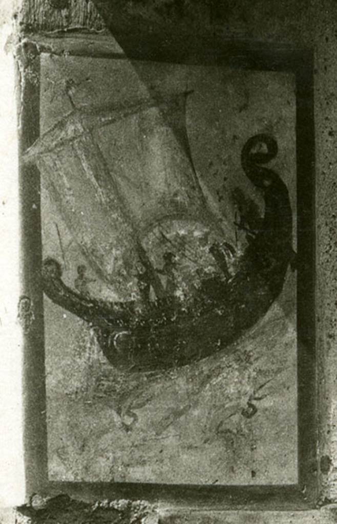 V.4.13 Pompeii. 1937-39. Painting of ship in full sail on north entrance pillar.
Photo courtesy of American Academy in Rome, Photographic Archive.
Detail from Warsher collection no. 699.