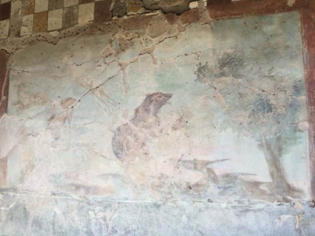 V.4.a Pompeii. April 2015. Hunting fresco with life-size animals on north wall of garden area. Photo courtesy of Sharon M. Wolf.