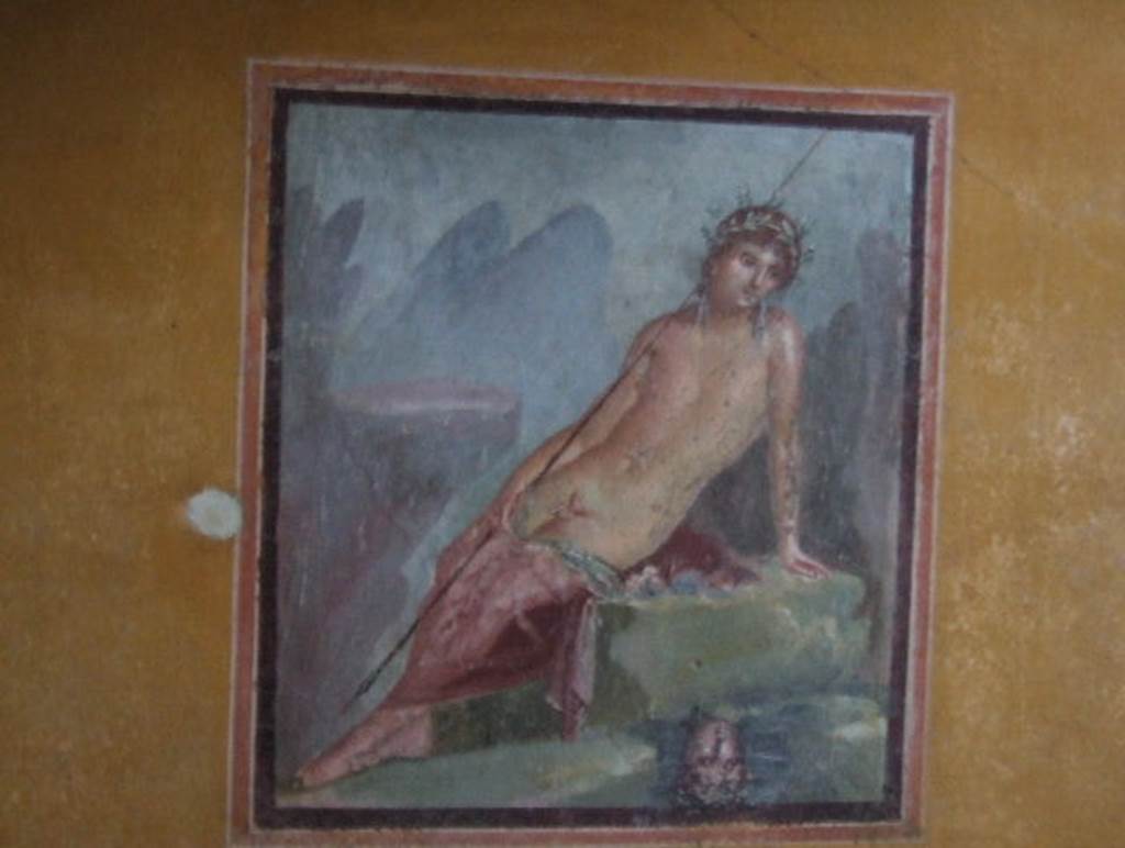 V.4.a Pompeii. December 2005. North wall of cubiculum, with wall painting of Narcissus at the fountain.