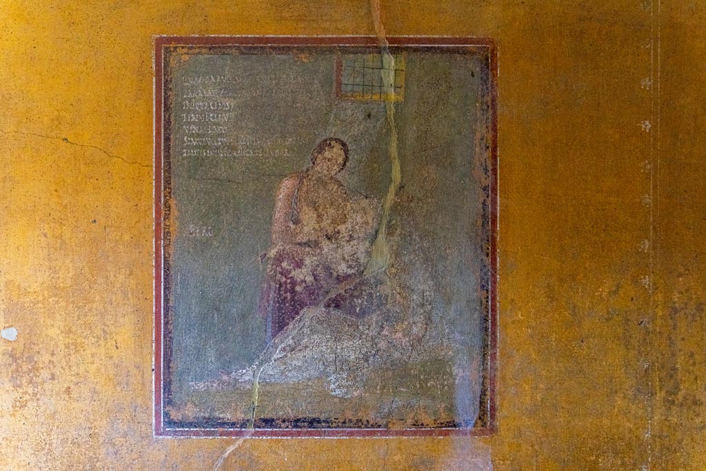 V.4.a Pompeii. October 2023. 
Room ‘i’, wall painting of Pero suckling her father Micone from centre of south wall of cubiculum. Photo courtesy of Johannes Eber.
