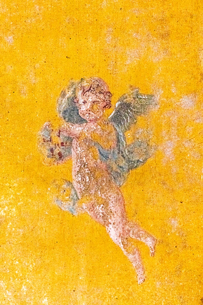 V.4.a Pompeii. October 2023. 
Room ‘i’, detail from west end of south wall of cubiculum. Photo courtesy of Johannes Eber.
