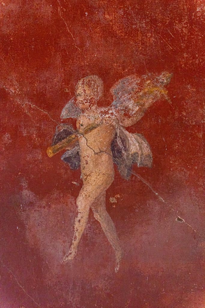 V.4.a Pompeii. October 2023. 
Room ‘f’, detail of painted figure from panel at south end of east wall. Photo courtesy of Johannes Eber.
