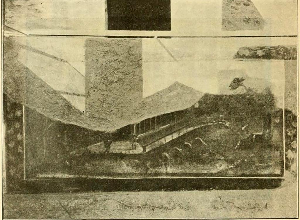 V.5.3 Pompeii. Wall painting from east side of peristyle, shown shortly after excavation.
Unfortunately, it was found damaged and destroyed to a large degree. It shows a solid construction of wood in the middle of water.
See Notizie degli Scavi di Antichità, 1899, p.350, number 9, fig. 10.

