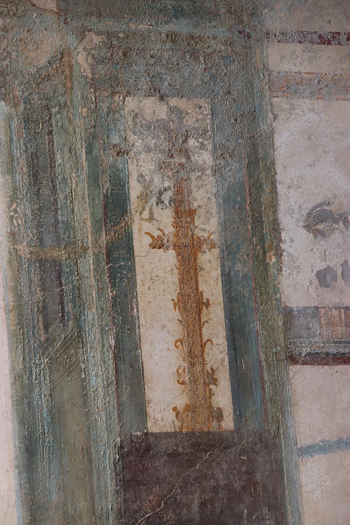 V.6.12 Pompeii. October 2024. 
Detail from upper north wall of fauces/ entrance corridor on east side of Priapus painting. 
Photo courtesy of Klaus Heese.
