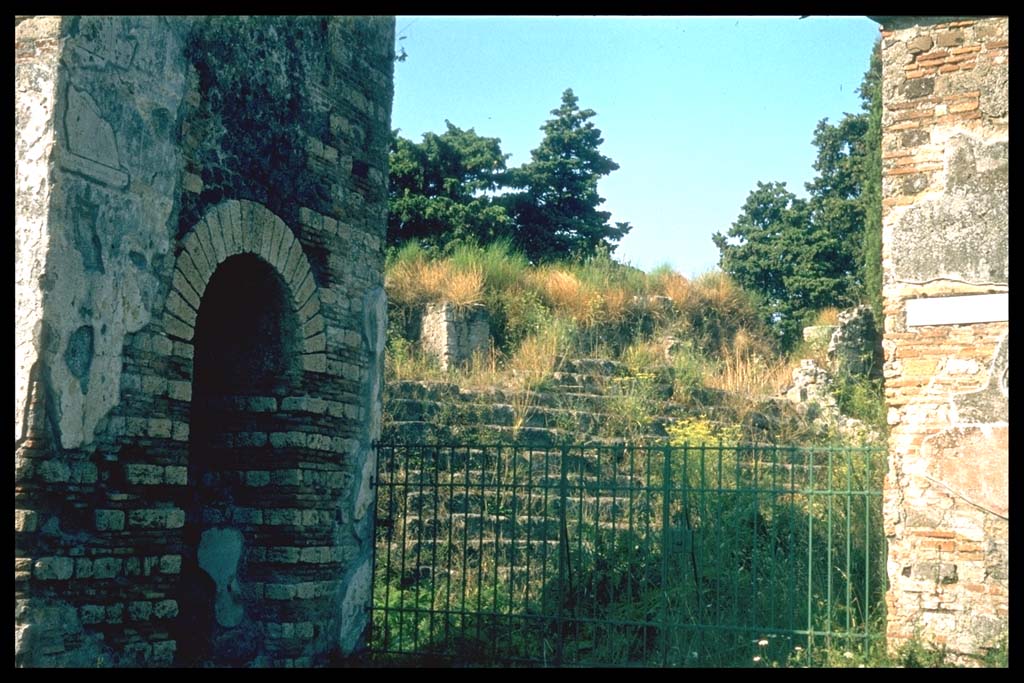 VI.1.1 Pompeii. Entrance.
Photographed 1970-79 by Günther Einhorn, picture courtesy of his son Ralf Einhorn.
According to Garcia y Garcia, this inn, sheltered by the city walls and with a beautiful well-preserved sacellum, was hit by a bomb during the night of 14th to 15th September 1943. It was nearly completely destroyed, even its perimeter wall.
The dividing wall to the peristyle of the House of the Vestals also fell.
By September 1982, the entrance steps and its internal walls were reduced to a ruined pile.
To the west of this house, the same bomb destroyed also part of the beautiful Samnite steps, that permitted access to the public wall.
At the foot of it, in the public area, was a well-known well.
See Garcia y Garcia, L., 2006. Danni di guerra a Pompei. Rome: L’Erma di Bretschneider. (p.66)
