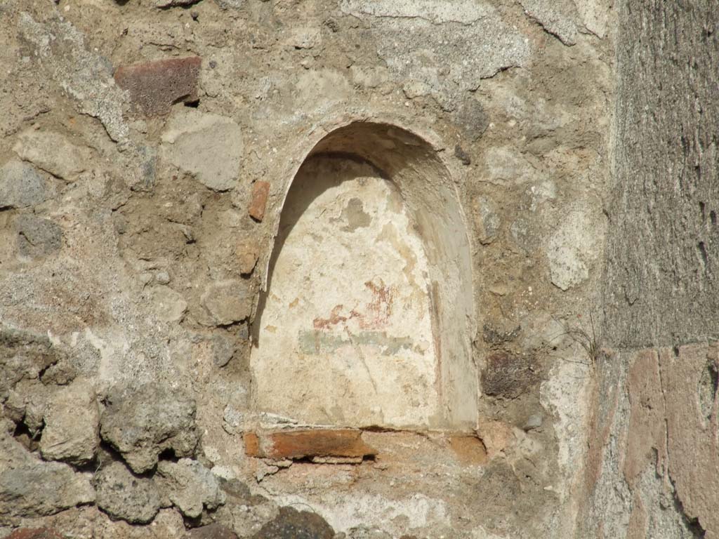 VI.1.1 Pompeii. December 2007. Niche with vaulted ceiling, on north wall. 
Originally this was at the east end of the north wall of a windowless sacrarium.
The walls of the niche were coated with white stucco with floral ornaments. 
The rear wall was outlined with red stripes and had a painting of a wreathed figure.
On the floor in front, but near the north wall, stood a masonry altar decorated with the figure of a pig which wore a garland on its head.
See Fiorelli G., 1860. Pompeianarum antiquitatum historia, Vol. 1: 1748 - 1818, Naples, ii, 36 (March 8 1787).
See Boyce G. K., 1937. Corpus of the Lararia of Pompeii. Rome: MAAR 14. (p.43, no.132, Pl.40, 3 & 4).
See Mazois, F., 1824. Les Ruines de Pompei : Second Partie. Paris: Firmin Didot. (p. 47 and pl. 10, 1 & 2).
