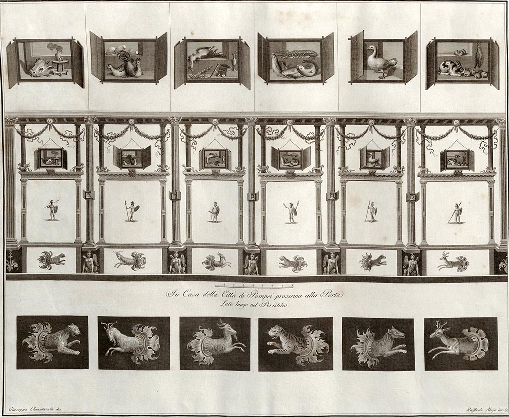 VI.1.7 Pompeii. Drawing by Giuseppe Chiantarelli, engraved by Raffaele Aloja showing wall decoration from peristyle wall.
It is described in Gli Ornati 1838 as –
“Appartiene questa bella parete al lato lungo del peristilio di una casa della Città di Pompei prossima alle porte.
Era dessa divisa in sei simmetrici compartimenti, e ciascuno di questi in altri tre.
Molto importante era la figura di Marte, che vedesi espressa nel mezzo de’primi compartimenti.”
Incisione dell’
See Gli ornati delle pareti ed I pavimenti delle stanze dell’antica Pompei, 1838, pl.60. 
See Giornale degli Scavi, NS III, 1874, tav. 3.

