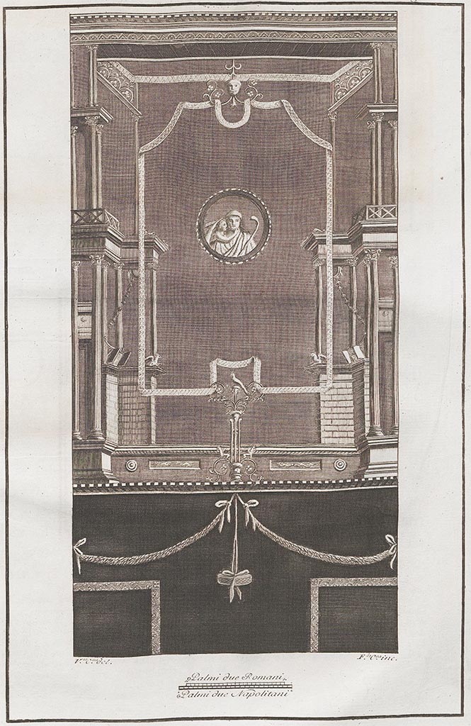 VI.1.10 Pompeii. Part of north wall of atrium between doorways to rooms 2 and 3.
According to AdE, this was found in Pompeii. 
See Le Antichità di Ercolano esposte Tomo 7, Le pitture di Ercolano 5, 1779. (tav LXXXI, p. 361).
