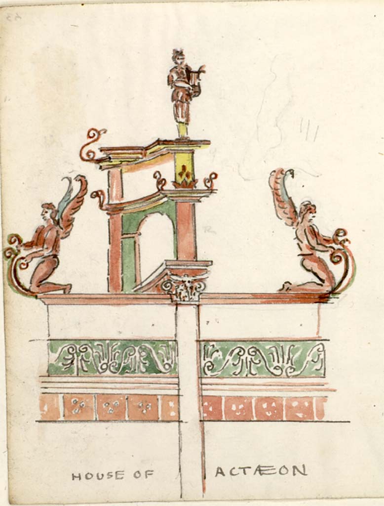 VI.2.4 Pompeii. c.1819 sketch by W. Gell showing detail from the north wall of the first cubiculum on north side of atrium.
See Gell W & Gandy, J.P: Pompeii published 1819 [Dessins publiés dans l'ouvrage de Sir William Gell et John P. Gandy, Pompeiana: the topography, edifices and ornaments of Pompei, 1817-1819], pl. 55.
See book in Bibliothèque de l'Institut National d'Histoire de l'Art [France], collections Jacques Doucet Gell Dessins 1817-1819
Use Etalab Open Licence ou Etalab Licence Ouverte
See Laidlaw, A., and Stella M. S., 2014. The House of Sallust in Pompeii (VI.2.4): JRA 98. Portsmouth Rhode Island. (p.76, cubiculum 14)
