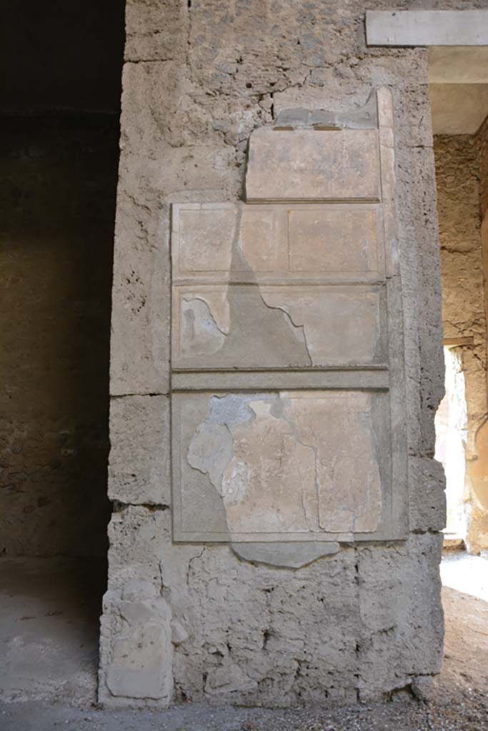 VI.2.4 Pompeii. March 2019.
Detail of painted wall decoration on pilaster between doorways to the south ala and room leading to garden apartments. 
Foto Annette Haug, ERC Grant 681269 DCOR.
