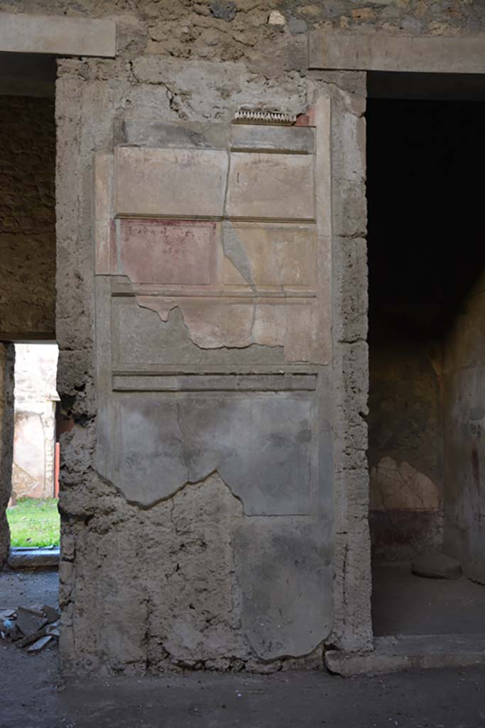 VI.2.4 Pompeii, December 2017. 
Painted wall decoration on pilaster on south side of atrium, between doorway leading to garden apartments, on left, and a cubiculum, on right.
Foto Annette Haug, ERC Grant 681269 DCOR.
