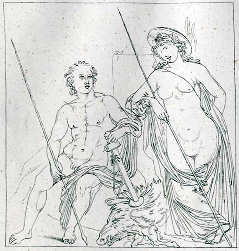 VI.2.22 Pompeii. 
1868 reproduction of the wall painting of Meleager and Atalanta which was found in the centre of the south wall of the tablinum.
See Helbig, W., 1868. Wandgemälde der vom Vesuv verschütteten Städte Campaniens. Leipzig: Breitkopf und Härtel, 1164, taf. XV.

