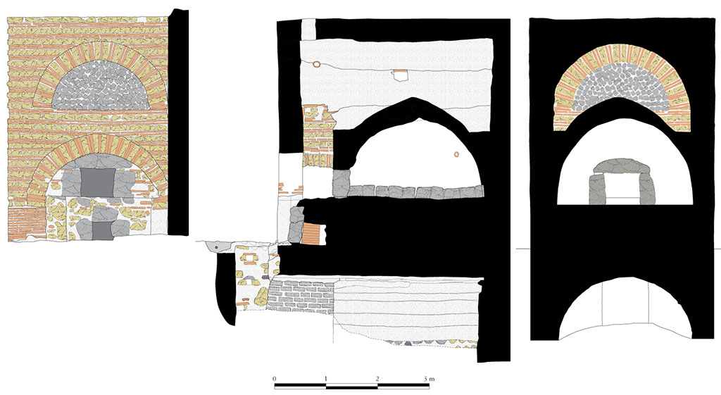 Fig. 5 - Pompi Pistrina. Le four de la boulangerie VI 3, 3.27-28. 
Faade, coupes longitudinale et transversale.
Relev : S. Zanella, R. Macario ; DAO : N. Monteix, R. Macario ; chelle : 1/50.
