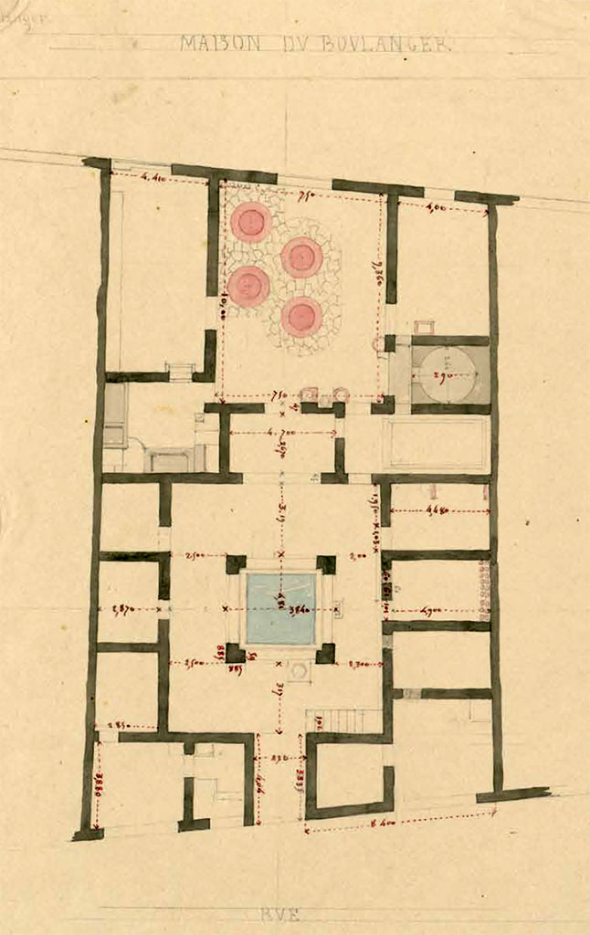 VI.3.3 Pompeii. July 1826. Sketch by P.A. Poirot of the plan of the Maison du Boulanger. 
See Poirot, P. A., 1826. Carnets de dessins de Pierre-Achille Poirot. Tome 2 : Pompeia, pl. 18.
See Book on INHA  Document placé sous « Licence Ouverte / Open Licence » Etalab 

