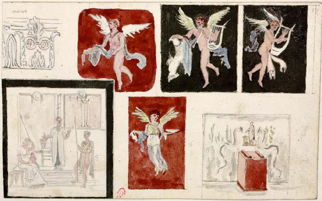 VI.3.7 Pompeii. Between 1819 and 1832, paintings, lower left and right, from Casa di Musica.
See Gell, W. Pompeii unpublished [Dessins de l'édition de 1832 donnant le résultat des fouilles post 1819 (?)] vol II, pl. 86.
Bibliothèque de l'Institut National d'Histoire de l'Art, collections Jacques Doucet, Identifiant numérique Num MS180 (2).
See book in INHA Use Etalab Licence Ouverte

