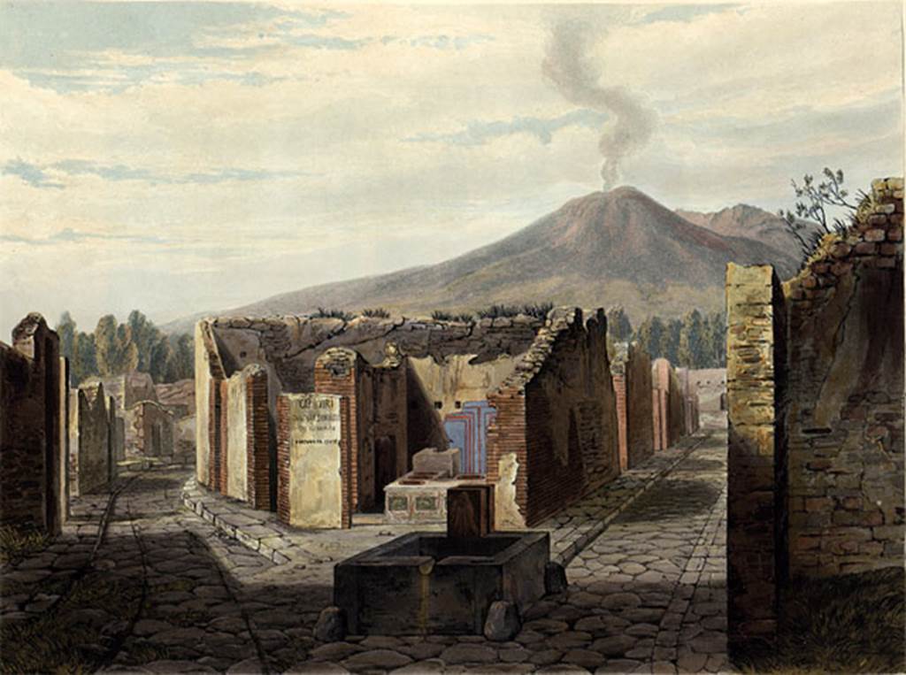 VI.3.20 Pompeii. 1819 painting, looking north towards bar, in junction of Via Consolare and Vicolo di Modesto.
See Cooke, Cockburn and Donaldson, 1827. Pompeii Illustrated: Vol. II. London: Cooke, p. 32.
Four lines of electoral recommendation are painted on the left of the doorway.
According to Della Corte, it read Fortunata cupit    [CIL IV 111]
See Della Corte, M., 1965.  Case ed Abitanti di Pompei. Napoli: Fausto Fiorentino, p. 42.

According to Epigraphik-Datenbank Clauss/Slaby (See www.manfredclauss.de) it read –

Marcellum
Fortunata cupit.    [CIL IV 111]

