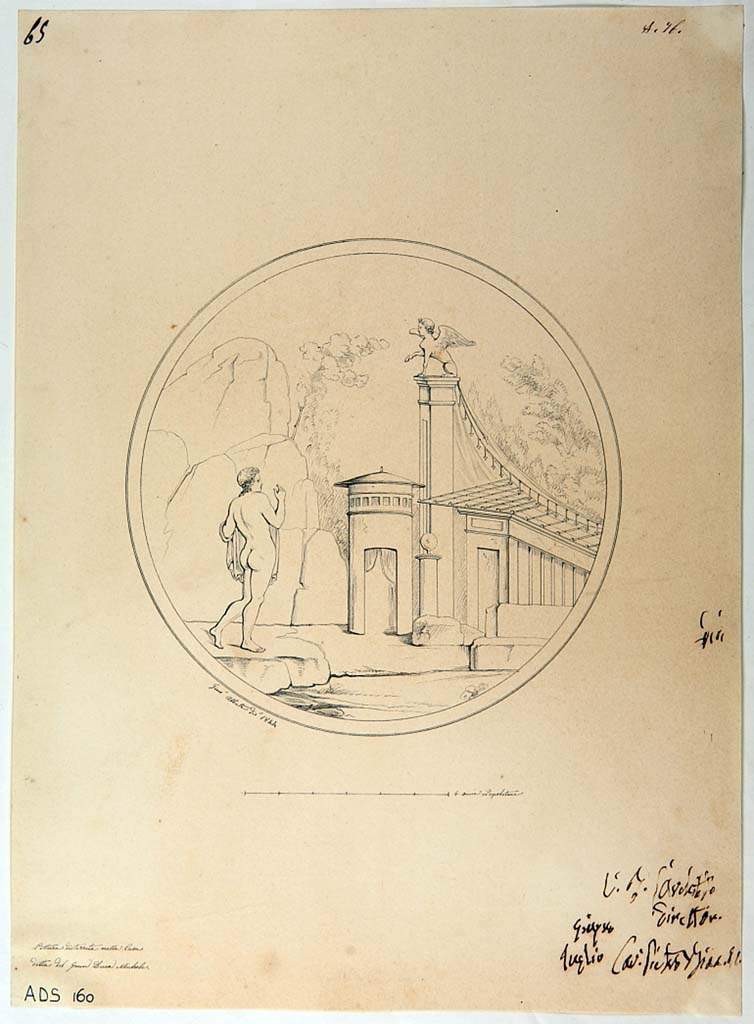 VI.5.5 Pompeii. 1844 drawing by Giuseppe Abbate showing remains of medallion with Oedipus questioning the Sphinx, (Helbig 1155),
Now in Naples Archaeological Museum. Inventory number ADS 160.
Photo  ICCD. http://www.catalogo.beniculturali.it
Utilizzabili alle condizioni della licenza Attribuzione - Non commerciale - Condividi allo stesso modo 2.5 Italia (CC BY-NC-SA 2.5 IT)
