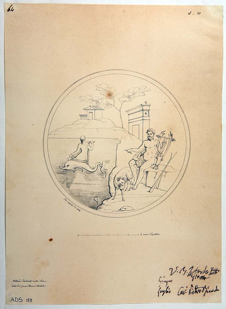VI.5.5 Pompeii. Pen and ink drawing of Polyphemus and Galatea, by Giuseppe Abbate (1844), from south wall of triclinium. 
Now in Naples Archaeological Museum. Inventory number ADS 159.
Photo  ICCD. http://www.catalogo.beniculturali.it
Utilizzabili alle condizioni della licenza Attribuzione - Non commerciale - Condividi allo stesso modo 2.5 Italia (CC BY-NC-SA 2.5 IT)
