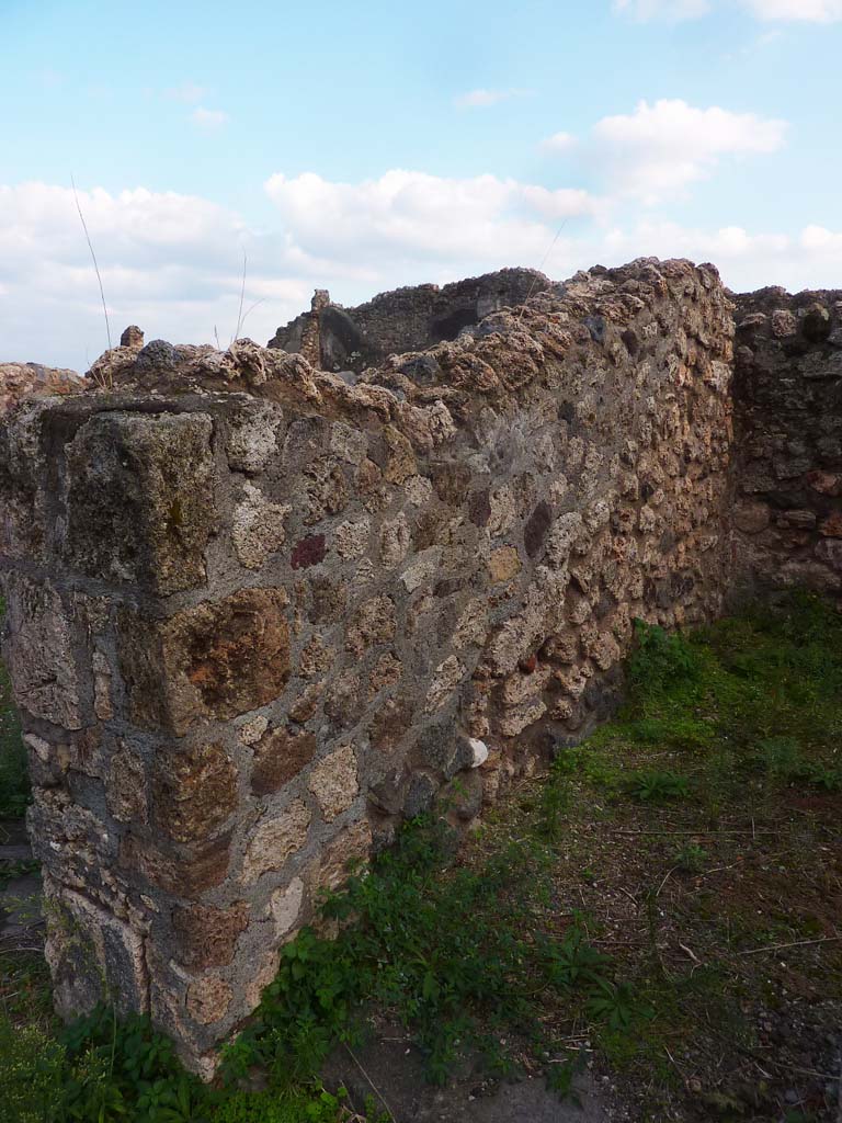 VI.5.9 Pompeii. November 2021.
Pilaster of doorway and wall between triclinium, on left, and room on west side, on right. Photo courtesy of Hélène Dessales.