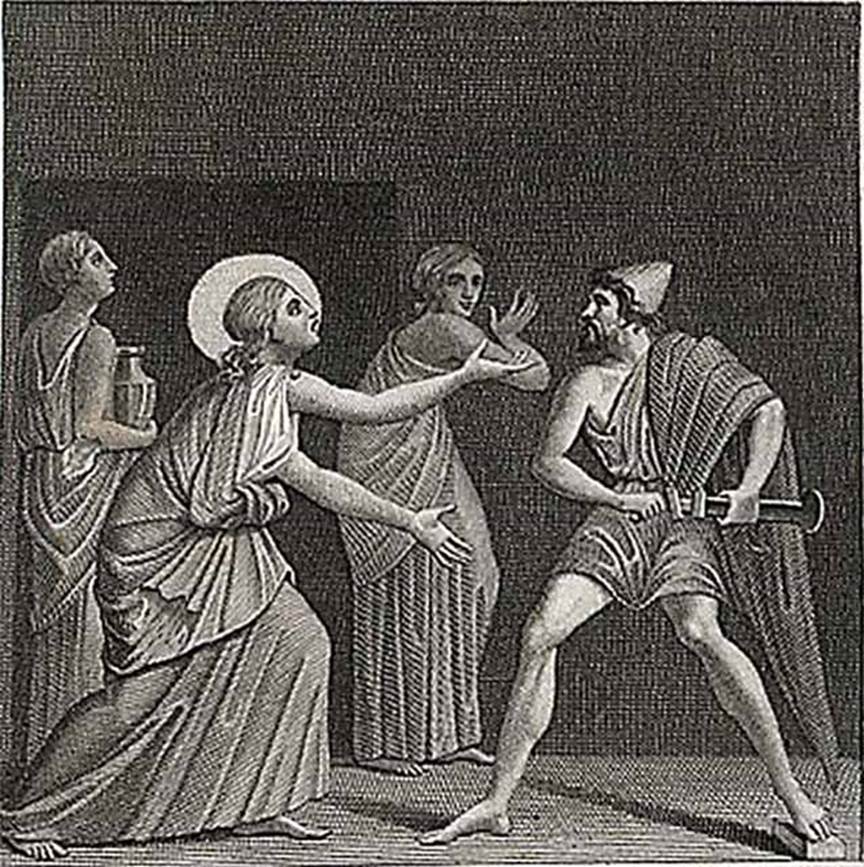 VI.5.13 Pompeii. 1824 drawing of painting of Ulysses threatening Circe from atrium, now lost.
See Mazois, F., 1824. Les Ruines de Pompei: Second Partie. Paris: Firmin Didot. (Pl. 43)
See Helbig, W., 1868. Wandgemälde der vom Vesuv verschütteten Städte Campaniens. Leipzig: Breitkopf und Härtel. (1329)