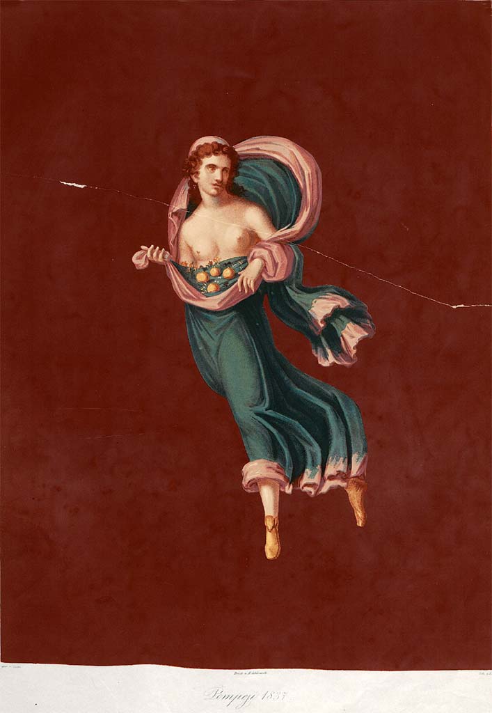 VI.5.13 Pompeii. 1837. Painting by Zahn of the flying figure of Autumn.
This was one of the Seasons that would have been seen on the atrium wall.
According to Zahn, this was discovered on 31st March 1837 in the presence of the Grand Duke Michel of Russia.
See Zahn, W., 1842-44. Die schönsten Ornamente und merkwürdigsten Gemälde aus Pompeji, Herkulanum und Stabiae: II. Berlin: Reimer, taf. 47.