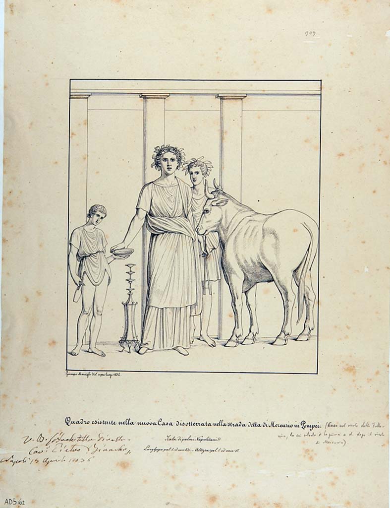 VI.7.3 Pompeii. Pen and ink drawing by Giuseppe Marsigli (1836) showing two young people and a bull for sacrifice.
According to Helbig this showed Amphion and Zethus with a bull for sacrifice (Helbig 1411).
Now in Naples Archaeological Museum. Inventory number ADS 162.
Photo © ICCD. http://www.catalogo.beniculturali.it
Utilizzabili alle condizioni della licenza Attribuzione - Non commerciale - Condividi allo stesso modo 2.5 Italia (CC BY-NC-SA 2.5 IT)
