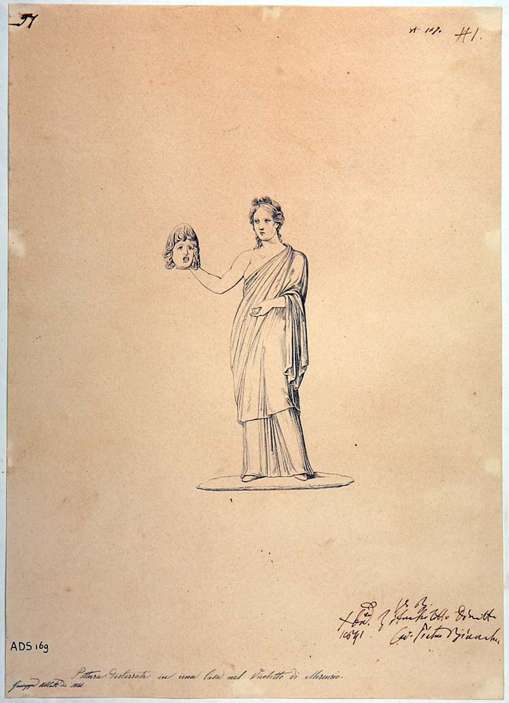 VI.7.6 Pompeii. Room 10, west end of south wall of triclinium. 
The outline shape of a Muse has been recognised in the plaster on a red painted panel, and this has been recognised as Thalia with a feminine mask in her right hand. Helbig wrongly described a masculine mask in her right hand.
See Helbig, W., 1868. Wandgem�lde der vom Vesuv versch�tteten St�dte Campaniens. Leipzig: Breitkopf und H�rtel, 883.
See Carratelli, G. P., 1990-2003. Pompei: Pitture e Mosaici: Vol. IV. Roma: Istituto della enciclopedia italiana, (p.379, no.13 and p.381 no.14)
Now in Naples Archaeological Museum. Inventory number ADS 169.
Photo � ICCD. http://www.catalogo.beniculturali.it
Utilizzabili alle condizioni della licenza Attribuzione - Non commerciale - Condividi allo stesso modo 2.5 Italia (CC BY-NC-SA 2.5 IT)
