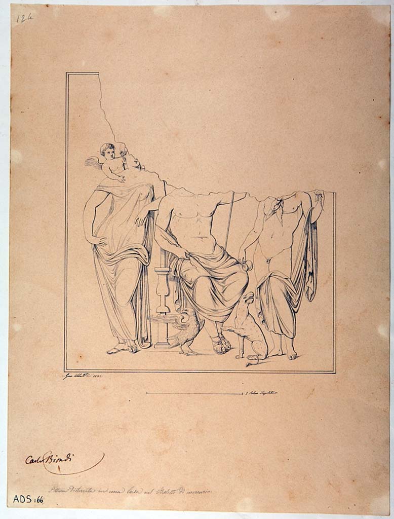 VI.7.6 Pompeii. Room 10, north wall of triclinium. 
Pen and ink drawing of painting in centre of north wall by Giuseppe Abbate (1842).
This painting would have shown Zeus, Dionysius and Aphrodite, but it has now faded and disappeared. 
Now in Naples Archaeological Museum. Inventory number ADS 166.
Photo � ICCD. https://www.catalogo.beniculturali.it
Utilizzabili alle condizioni della licenza Attribuzione - Non commerciale - Condividi allo stesso modo 2.5 Italia (CC BY-NC-SA 2.5 IT)

Kuivalainen describes -
A composition of three larger frontal figures, whose head were damaged when found.
Kuivalainen comments �
This wall painting illustrates a rare combination of Venus, Jupiter and Bacchus, all with their characteristic companions or attributes.
Bacchus is the only one with bare feet. The remaining paintings of this triclinium do not provide any insight into this painting.
See Kuivalainen, I., 2021. The Portrayal of Pompeian Bacchus. Commentationes Humanarum Litterarum 140. Helsinki: Finnish Society of Sciences and Letters, (F25, p.178).
