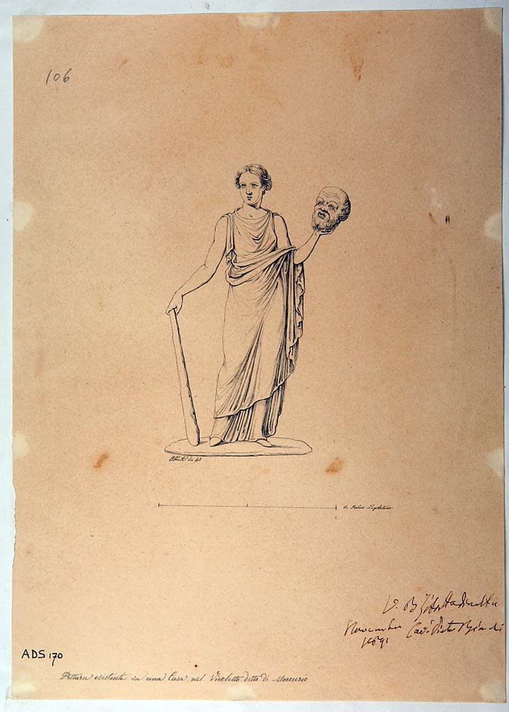 VI.7.6 Pompeii. Room 10, pen and ink drawing by Giuseppe Abbate, 1841, showing the Muse Melpomene (Helbig 873). 
Due to the deterioration of the painted plaster it is not possible to find the actual location of this painted panel.
Now in Naples Archaeological Museum. Inventory number ADS 170.
Photo � ICCD. http://www.catalogo.beniculturali.it
Utilizzabili alle condizioni della licenza Attribuzione - Non commerciale - Condividi allo stesso modo 2.5 Italia (CC BY-NC-SA 2.5 IT)
