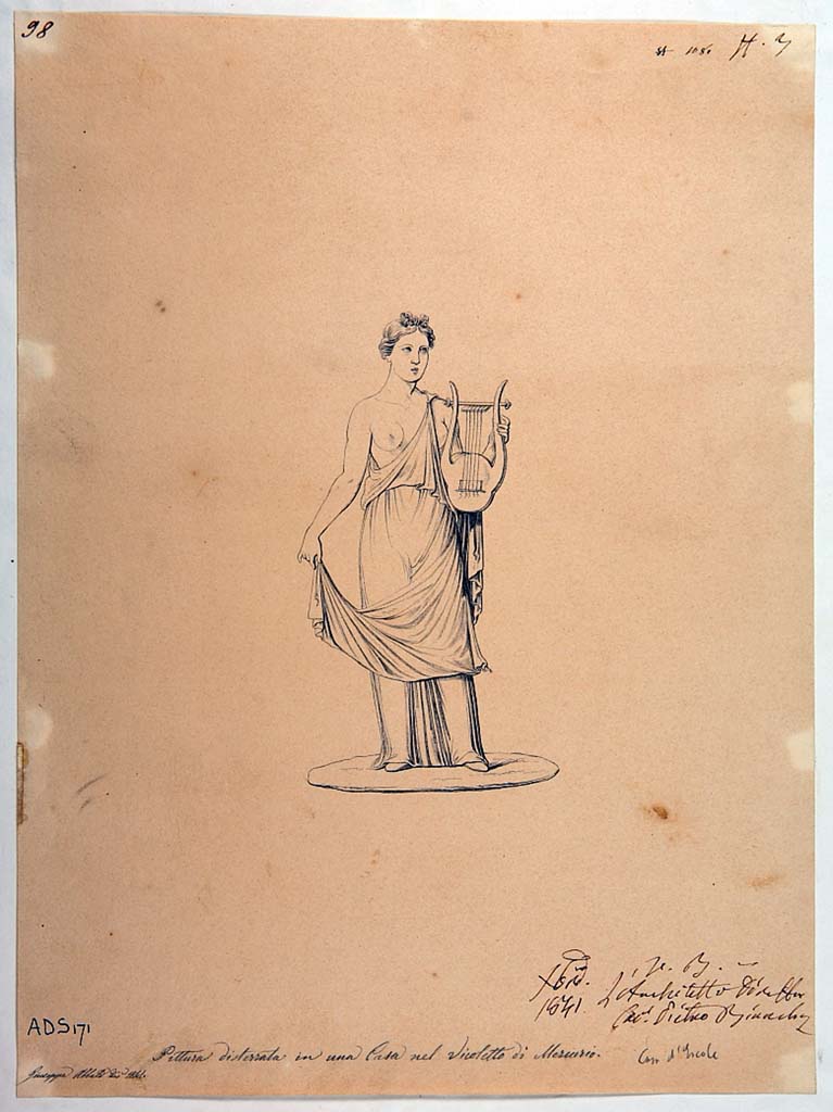 VI.7.6 Pompeii. Room 10, pen and ink drawing by Giuseppe Abbate, 1841, showing the Muse Erato (Helbig 867). 
Due to the deterioration of the painted plaster it is not possible to find the actual location of this painted panel.
Now in Naples Archaeological Museum. Inventory number ADS 171.
Photo � ICCD. http://www.catalogo.beniculturali.it
Utilizzabili alle condizioni della licenza Attribuzione - Non commerciale - Condividi allo stesso modo 2.5 Italia (CC BY-NC-SA 2.5 IT)

