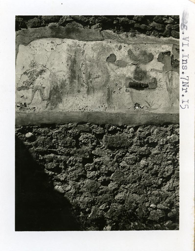 VI.7.15 Pompeii. Pre-1937-39. Lararium painting from west wall of kitchen.
A serpent glides from the left towards the altar.
The painted altar can be seen above a piece of projecting tile.
To the right stands the Genius with arm outstretched.
Photo courtesy of American Academy in Rome, Photographic Archive. Warsher collection no. 1591.