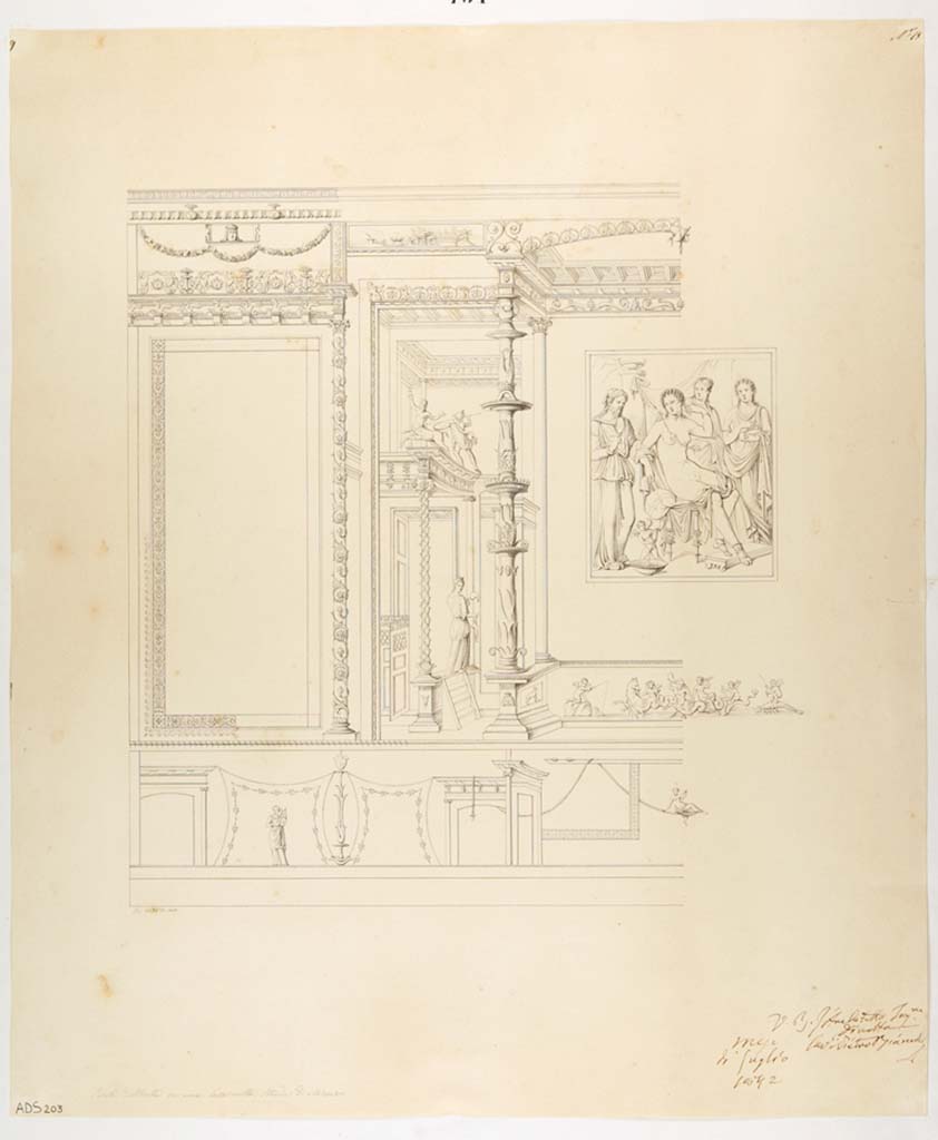 VI.7.18 Pompeii. Pen and ink drawing by Giuseppe Abbate, showing the north end and central part of the east wall, 1842. 
Now in Naples Archaeological Museum. Inventory number ADS 203.
Photo © ICCD. http://www.catalogo.beniculturali.it
Utilizzabili alle condizioni della licenza Attribuzione - Non commerciale - Condividi allo stesso modo 2.5 Italia (CC BY-NC-SA 2.5 IT)
