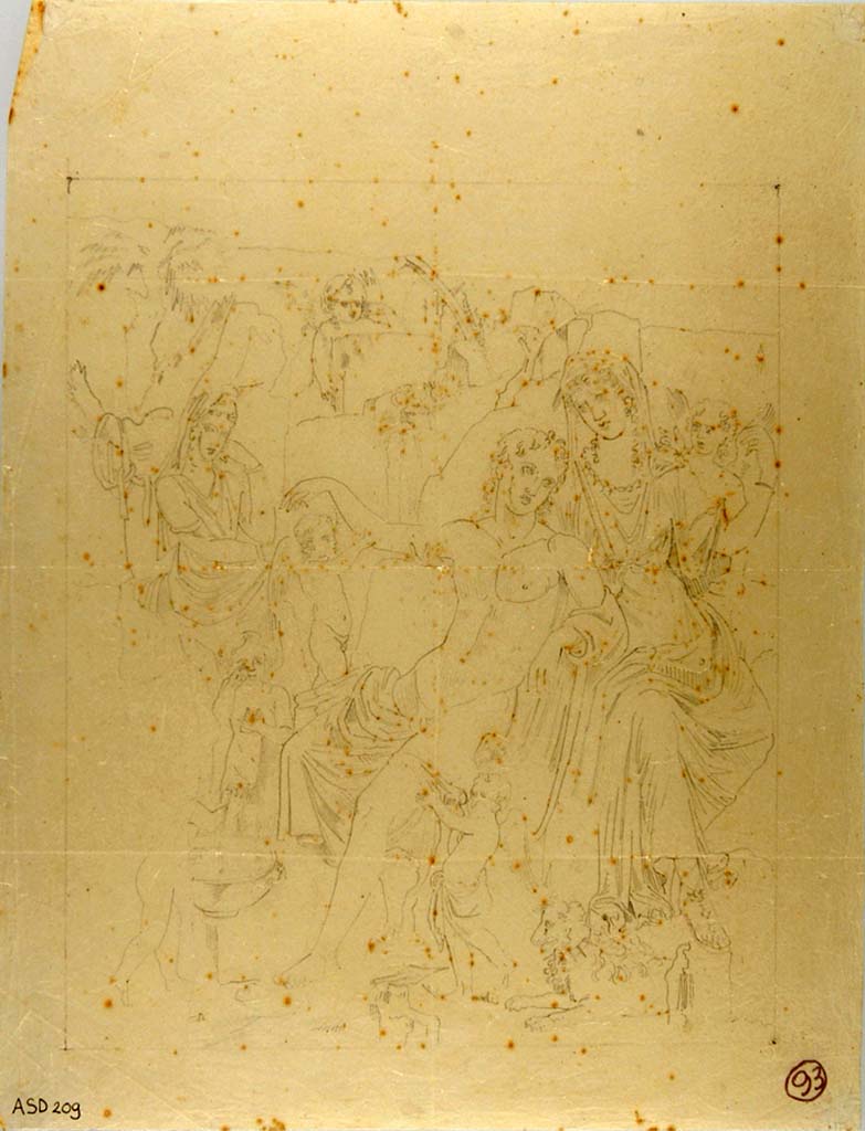 VI.7.18 Pompeii. Drawing by Antonio Ala of central painting from north wall of peristyle.
Now in Naples Archaeological Museum. Inventory number ADS 209.
Photo © ICCD. https://www.catalogo.beniculturali.it
Utilizzabili alle condizioni della licenza Attribuzione - Non commerciale - Condividi allo stesso modo 2.5 Italia (CC BY-NC-SA 2.5 IT)
See Helbig, W., 1868. Wandgemälde der vom Vesuv verschütteten Städte Campaniens. Leipzig: Breitkopf und Härtel, 340.
